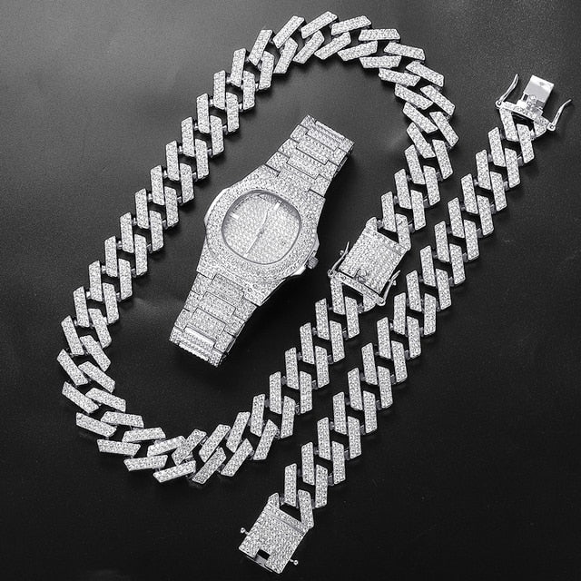 20MM Cuban Link Chain, Bracelet, Watch Set - Silver