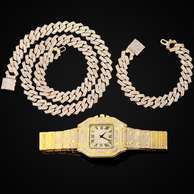 14MM Cuban Link Chain, Bracelet, and Watch Set - Gold