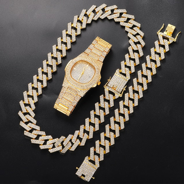 20MM Cuban Link Chain, Bracelet, Watch Set - Gold
