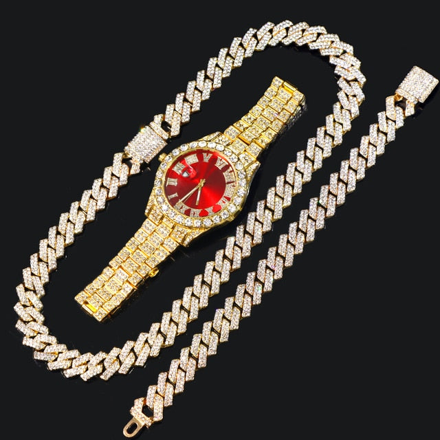 14MM Cuban Link Chain, Bracelet, Red Face Watch - Gold
