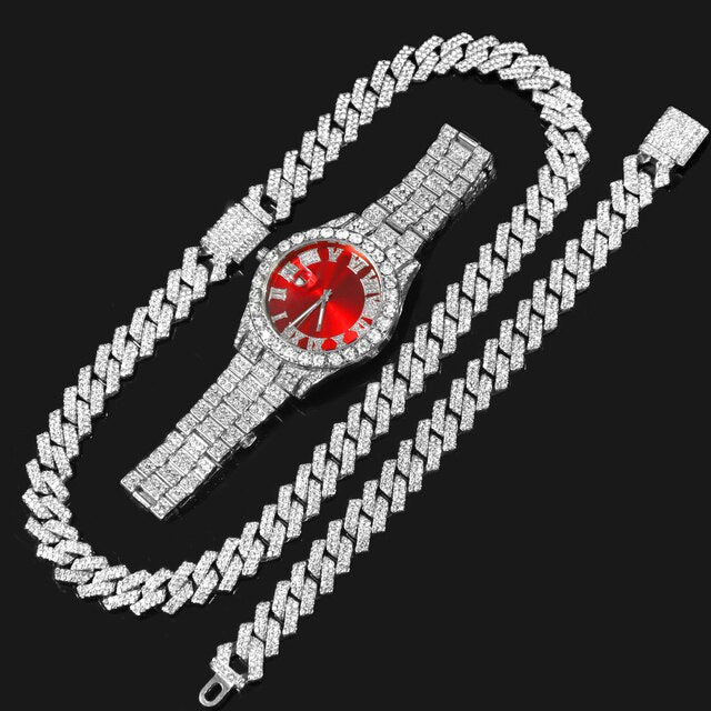 14MM Cuban Link Chain, Bracelet, Red Face Watch - Silver