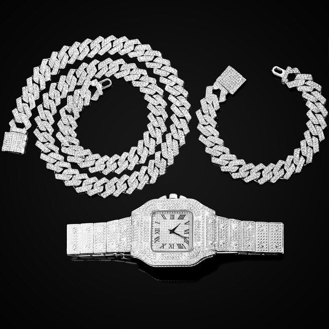14MM Cuban Link Chain, Bracelet and Watch Set - Silver