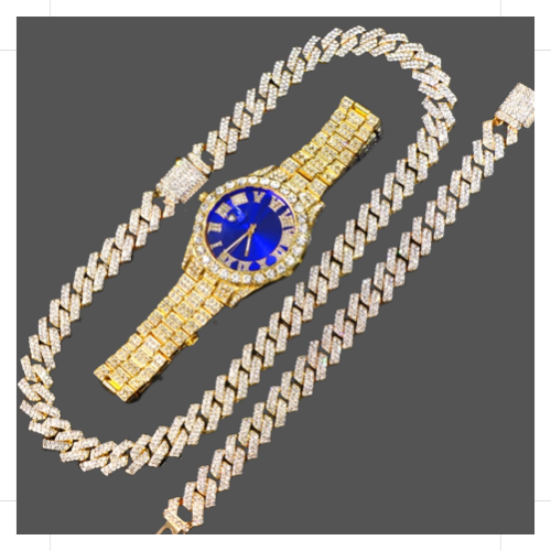 14MM Cuban Link Chain, Bracelet, Blue Face Watch - Gold