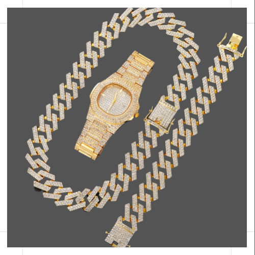 20MM Cuban Link Chain, Bracelet, Watch Set - Gold