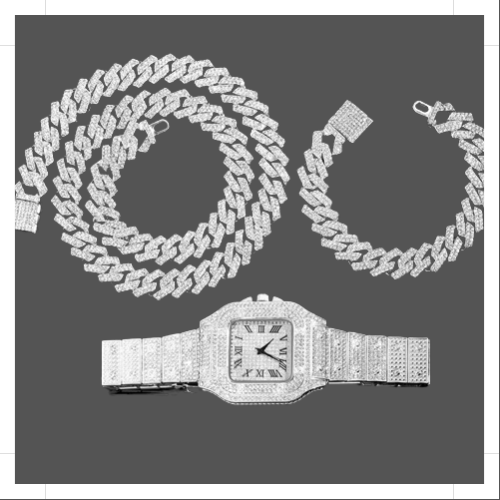 14MM Cuban Link Chain, Bracelet and Watch Set - Silver