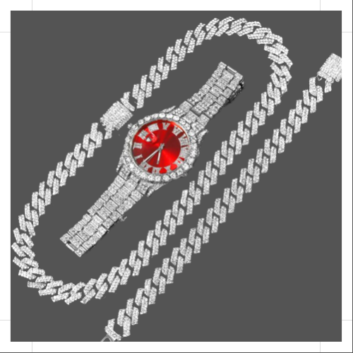 14MM Cuban Link Chain, Bracelet, Red Face Watch - Silver