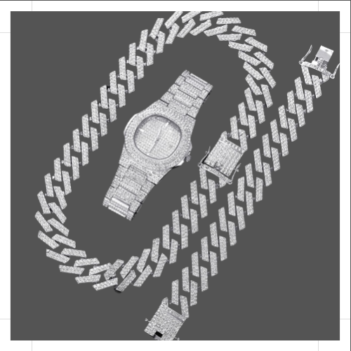 20MM Cuban Link Chain, Bracelet, Watch Set - Silver